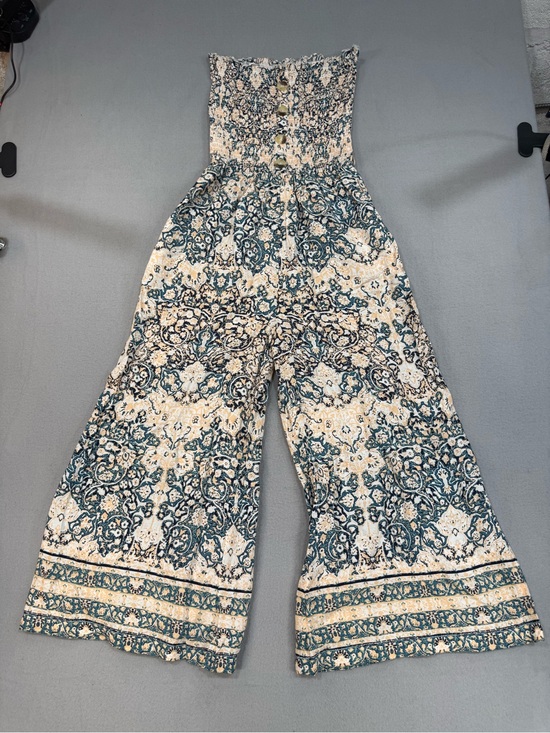 blue island Pants - Blue Island Boho Wide-Leg Smocked strapless Jumpsuit pockets in Cream & Teal XS